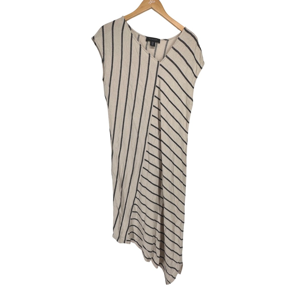 Tahari Linen Striped Asymmetrical‎ Midi Dress Beige Black Medium Lagenlook Artsy